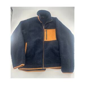 Orvis Deep Pile Jacket Men Zip Up M Blue Brown Leather Patchwork Sherpa Fleece